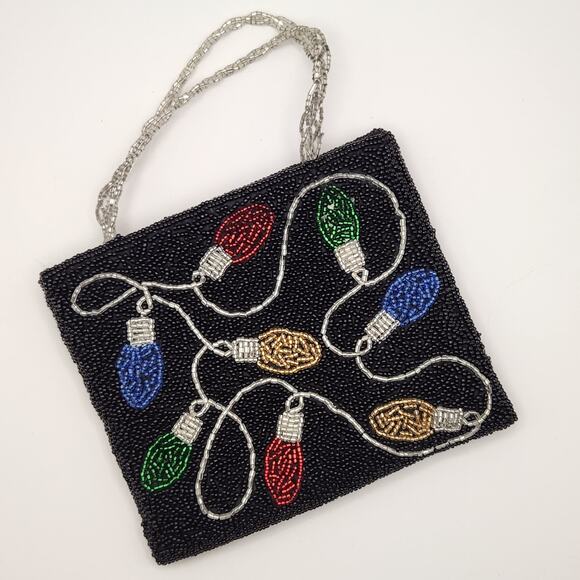 Inge Christopher Beaded Christmas Lights Purse Black Holiday Mini Bag Vintage - Picture 1 of 14